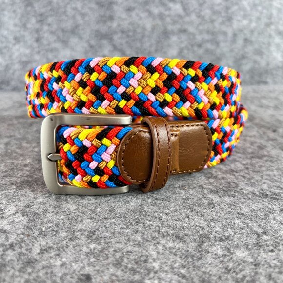 Woven Rainbow Multicolor Elastic Braided Belt Silver Buckle Brown Leather Trim - Picture 11 of 13